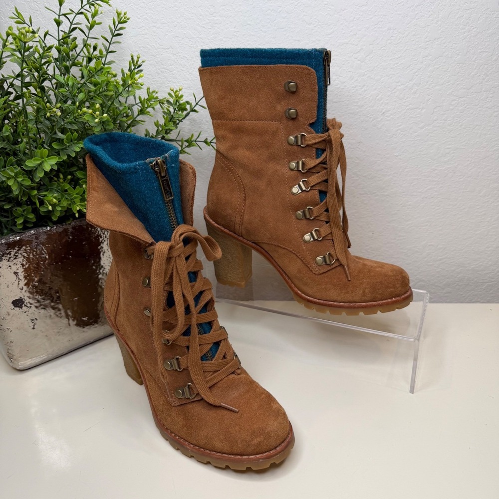 UGG Fabrice Lace Up Boots Womens Brown Suede Teal Wool Lining Heeled Combat 6.5